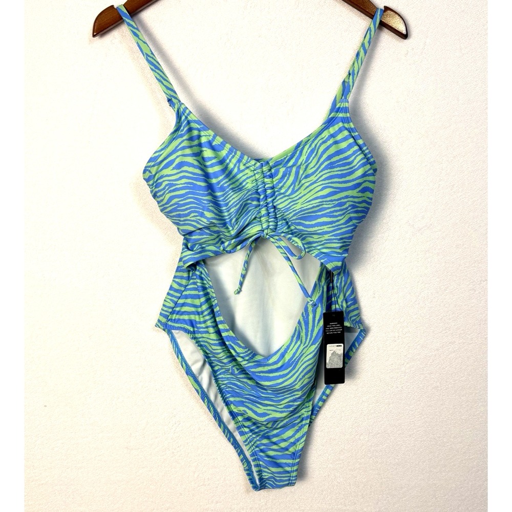 NWT Fashion Nova Island Escapes Aqua Hi Cut 1-Piece Swimsuit Large Adj Strap